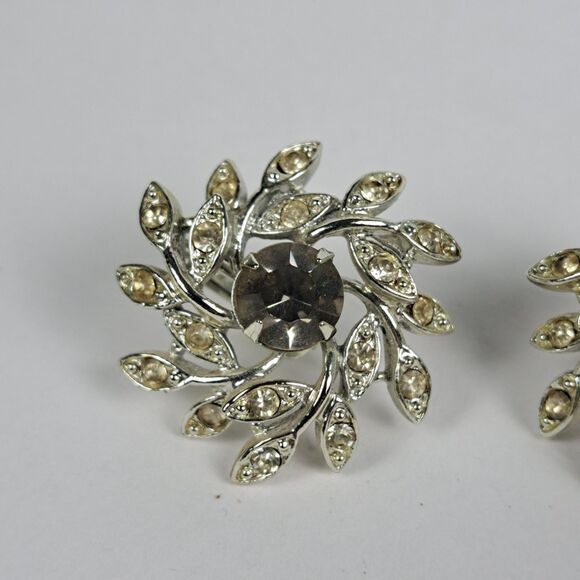 Vintage Sarah Coventry Clip On Earrings Silver Tone Smoky Rhinestone - Picture 3 of 9